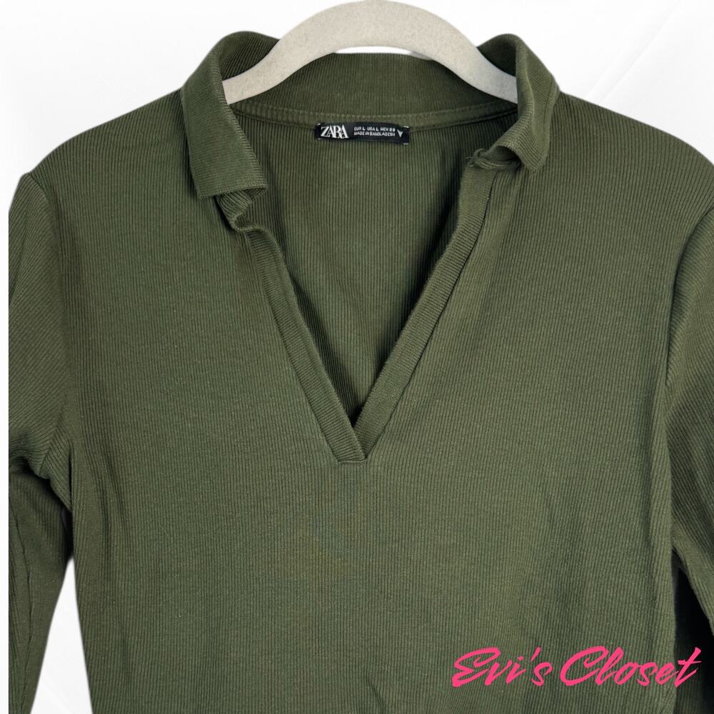 Zara Women's Long Sleeve Crop Top. Deep V. Neck Olive Green Pullover. Sz L